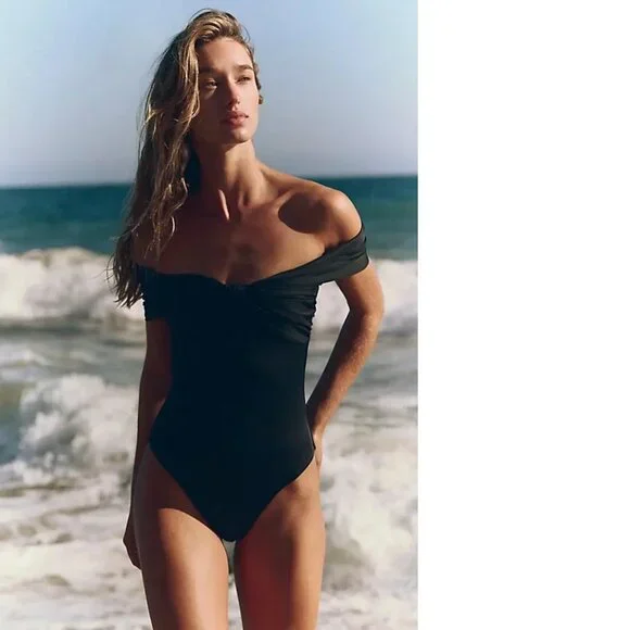 Anthropologie Elegant Black Off-Shoulder Swimsuit - Picture 3 of 4